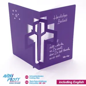 Lila Trauerkarte mit "Herzliches Beileid" und einem Spruch von Victor Hugo mit einem aufgeklappten 3D Kreuz