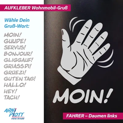 Aufkleber für das Wohnmobil - winkende Hand mit Moin, Gude - lustiges Camper-Geschenk