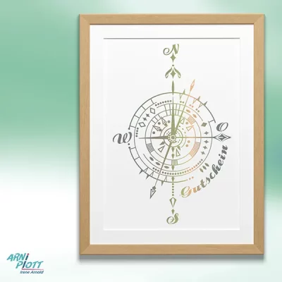 Datei zum Plotten eines Reise-Gutscheines in Form eines antiken Kompass, Windrose - hier in einem Rahmen als Bild