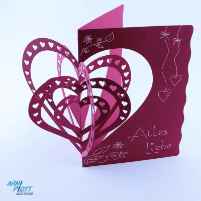 Dunkelrote Popupkarte mit 3D Rondell-Herz und dem Schriftzug Alles Liebe und Zeichnung in Weiß - Plotterdatei von ARNi-Plott