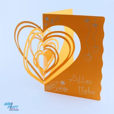 Orange stehende Pop-up Karte Alles Liebe mit 3D Rondell-Herz - Plotterdatei von ARNi-Plott
