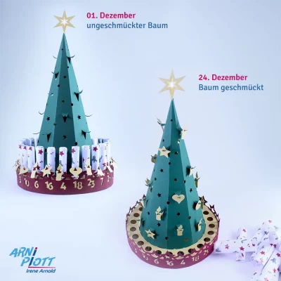 Vergleichende Darstellung eines Tannenbaum-Adventskalenders: 01. vs. 24.12. Am 24.12. ist der Weihnachtsbaum geschmückt und die Gutscheine entnommen.